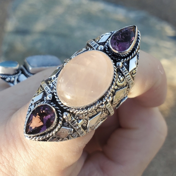 New Rose Quartz and Amethyst 925 Silver Statement Ring. - Picture 14 of 16